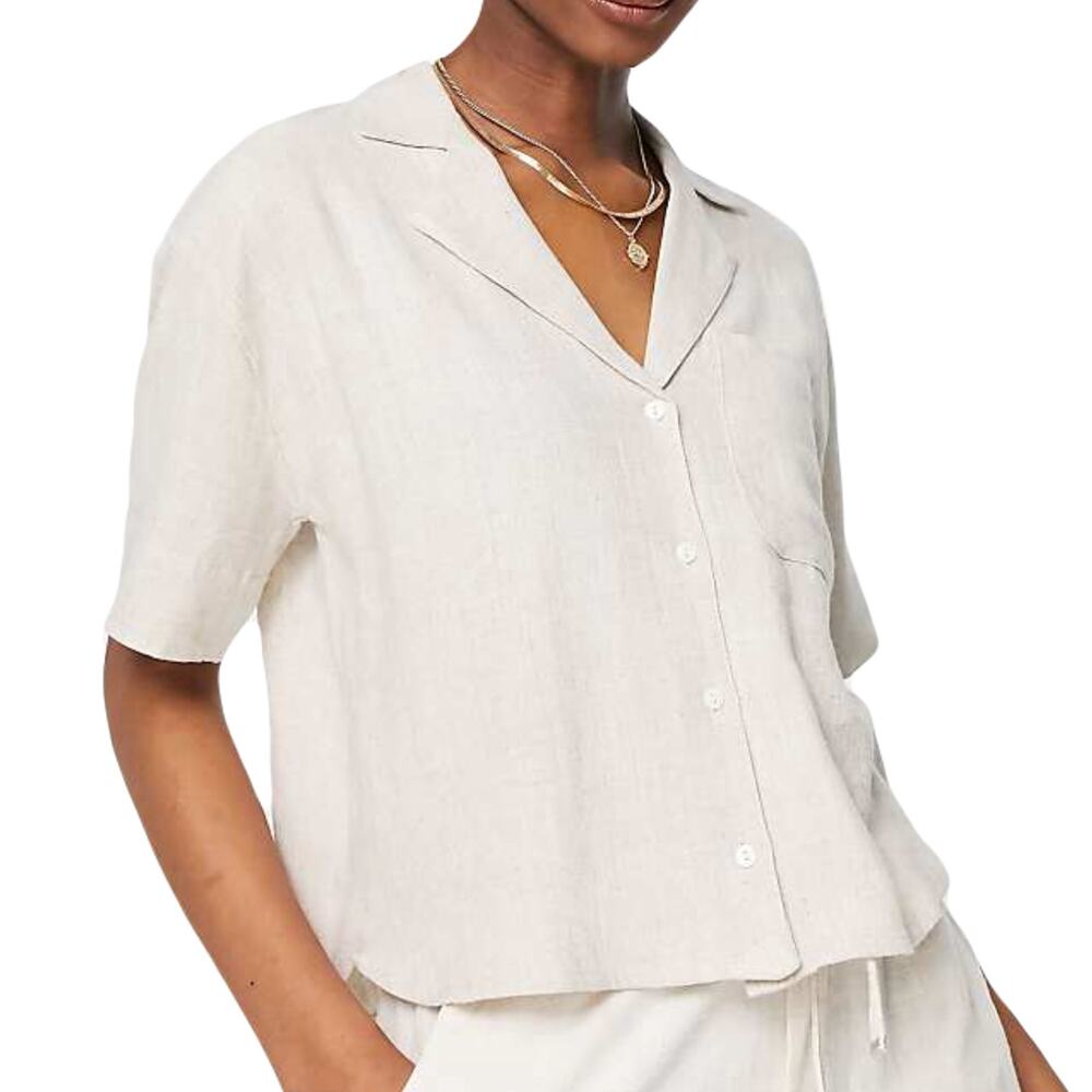 NWOT STRADIVARIUS Shirt S Linen Blend Collar Pearl Button Short Sleeve Pocket